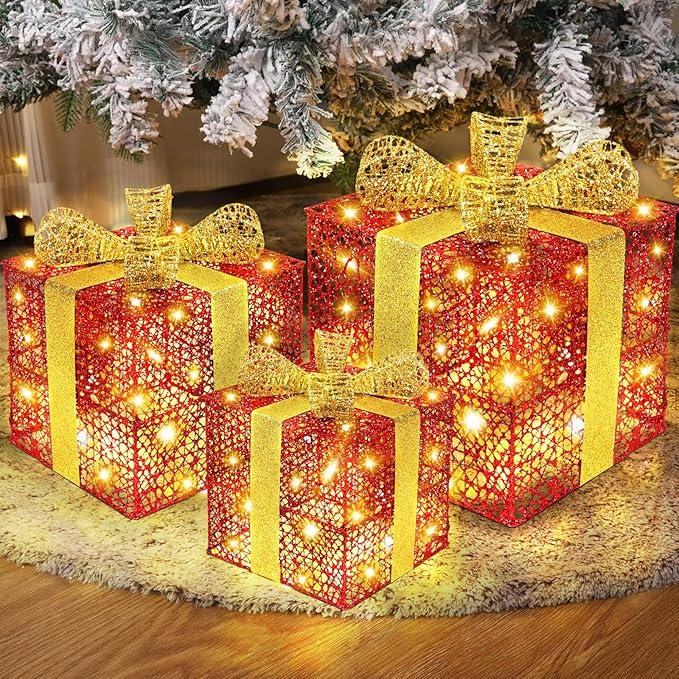 Set decorativo natalizio con luci e dettagli rossi per un tocco magico.